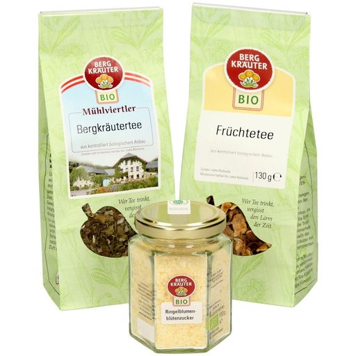 Österreichische Bergkräuter Tee-Set mit Ringelblumenzucker