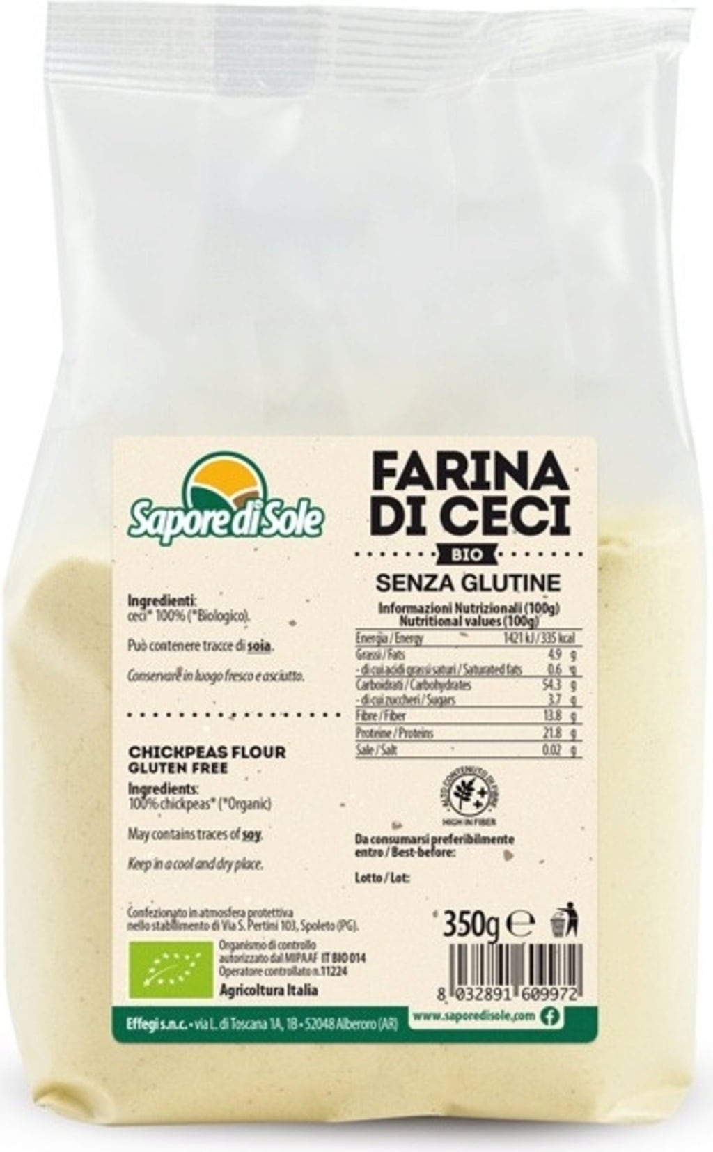 Sapore di Sole Organic Chickpea Flour, Gluten-Free - 350 g