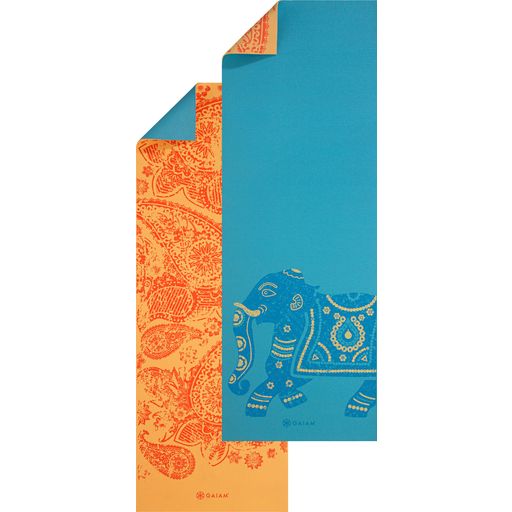 GAIAM ELEPHANT Premium Reversible Yoga Mat - Blue/Orange with Elephant/Pattern