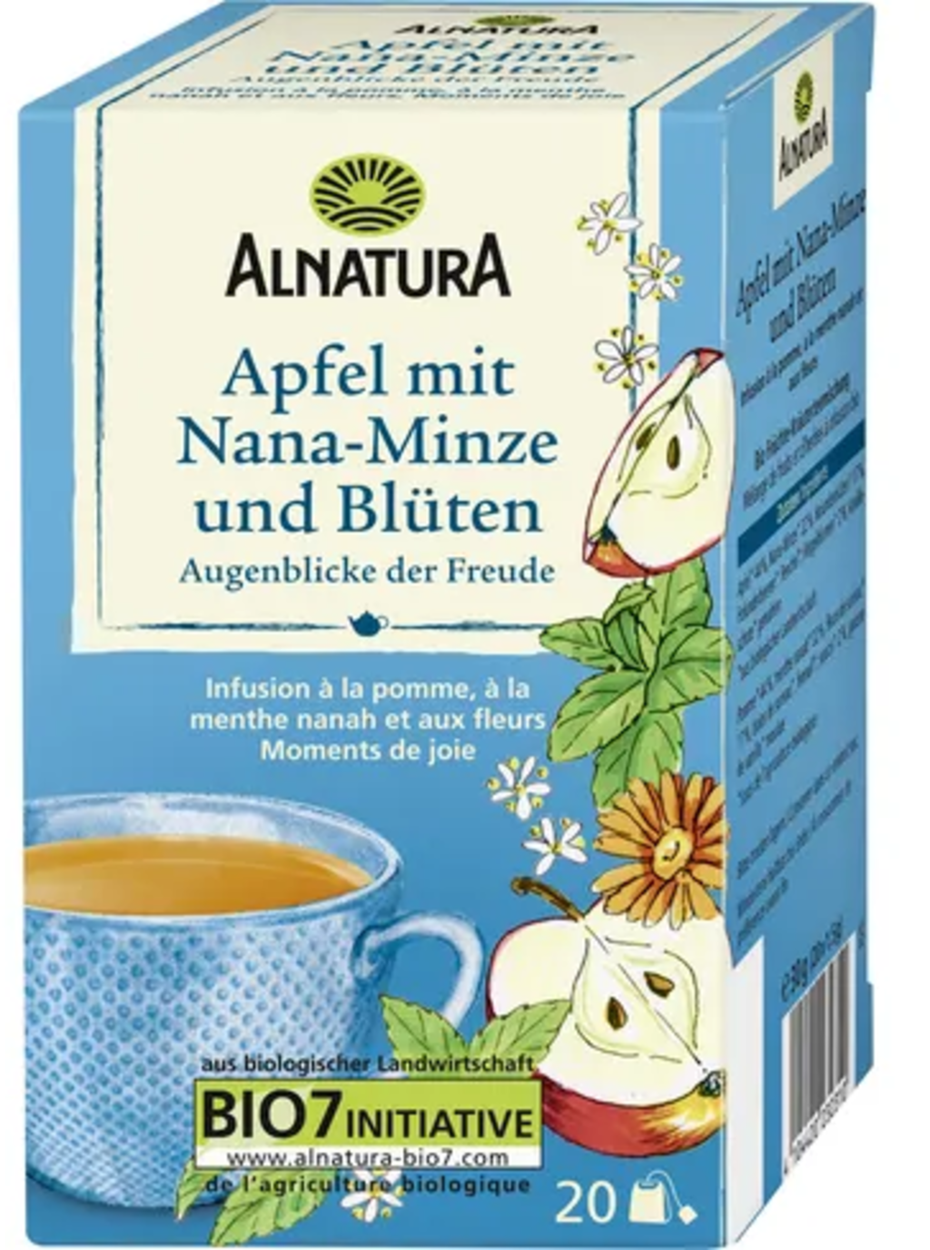 Bio Kräuter-Früchtetee Apfel mit Nana-Minze & Blüten, 20 Teebeutel (30 g)